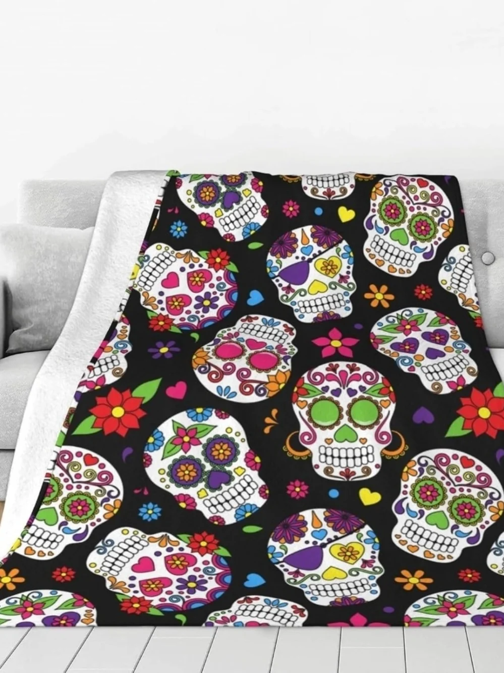 Day of The Dead Sugar Skull Lightweight Flannel Fleece Bed Blanket, 60